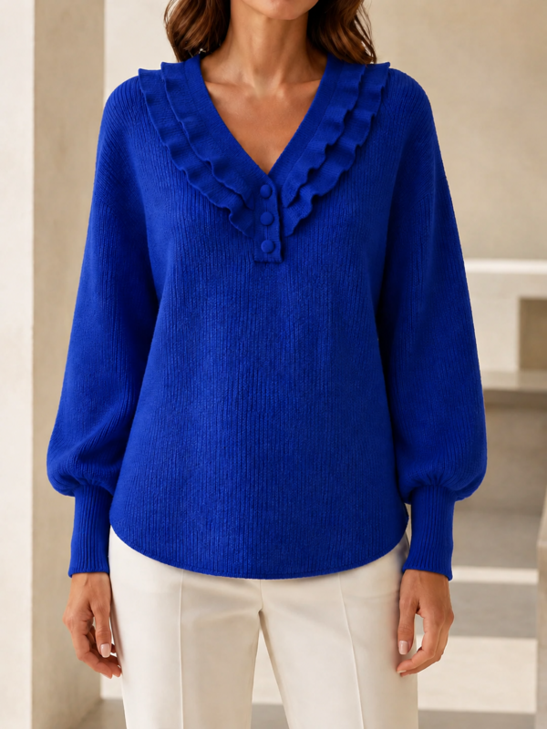  New Arrivals🔥Women’s Ruffle V-Neck Button-Detail Knit Sweater with Balloon Sleeves