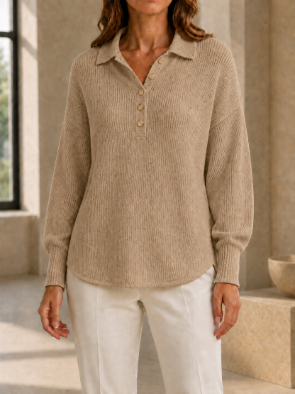 New Arrivals🔥Women’s Casual Polo Collar Button-Detail Knit Sweater with Relaxed Fit