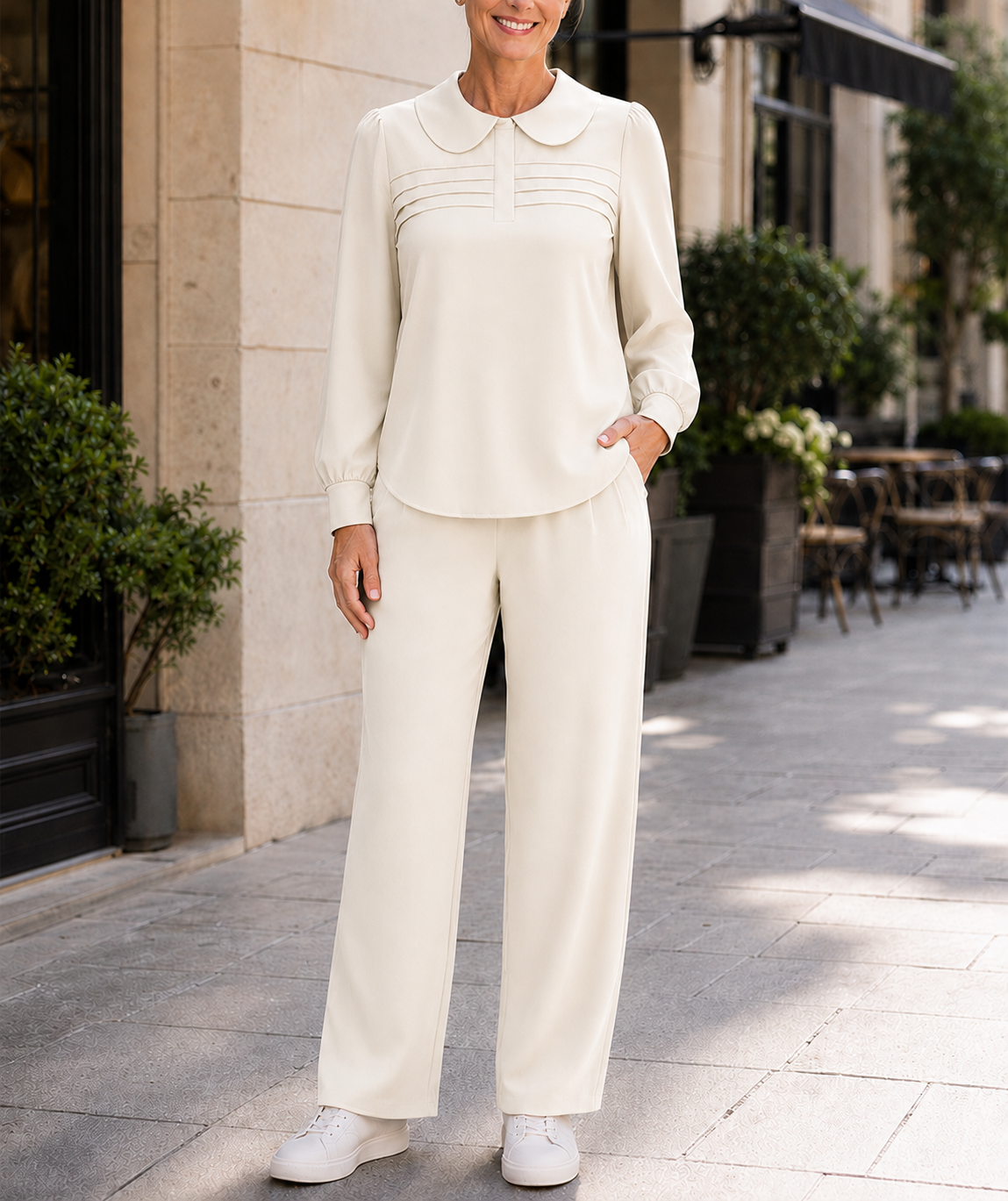 CLEARANCE SALE🔥Women’s Elegant Peter Pan Collar Pleated Detail Two-Piece Pants Set