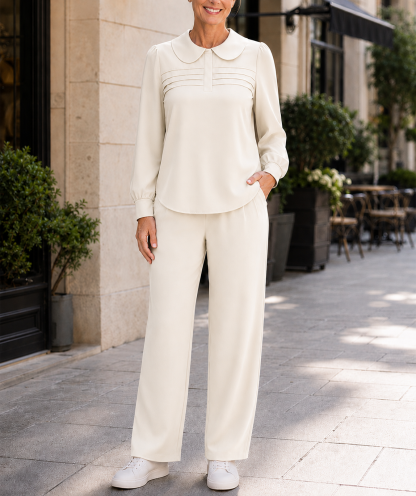 CLEARANCE SALE🔥Women’s Elegant Peter Pan Collar Pleated Detail Two-Piece Pants Set