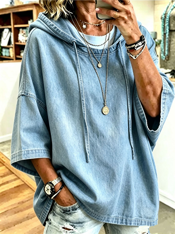 CLEARANCE SALE🔥Women’s Vintage Washed Denim Hooded Relaxed Fit Pullover Top