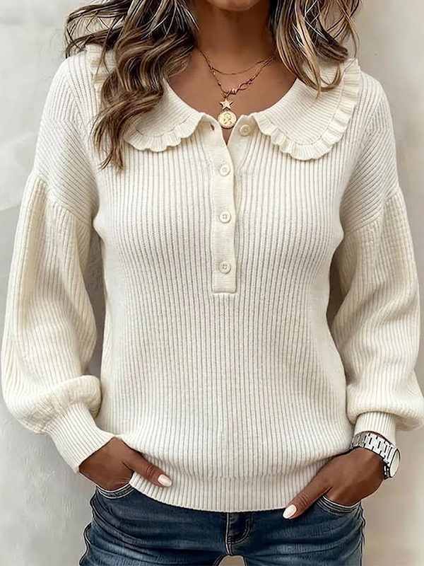 CLEARANCE SALE💥Ruffled Ribbed Knit Sweater With Partial Button Placket