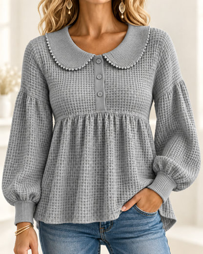 CLEARANCE SALE🔥Women’s Waffle Knit Peter Pan Collar Babydoll Henley Top