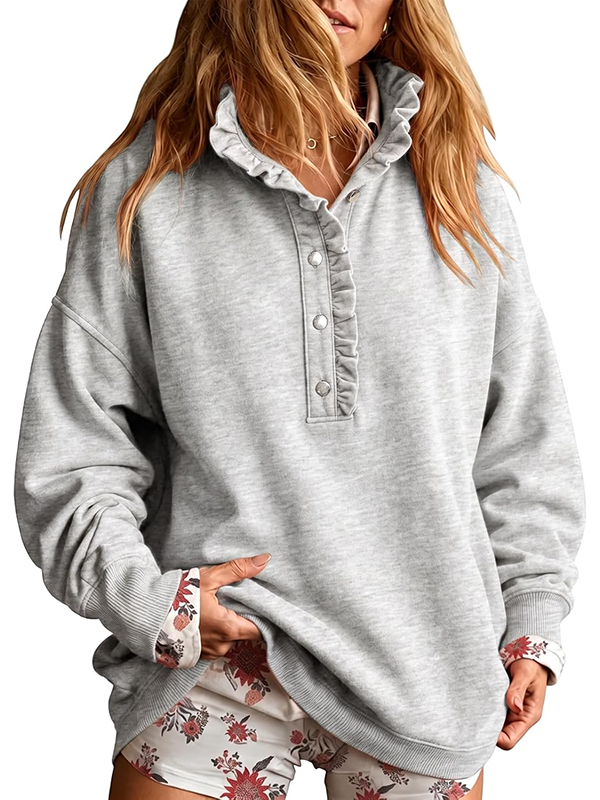 Women’s Ruffle Collar Henley Button Relaxed Fit Sweatshirt