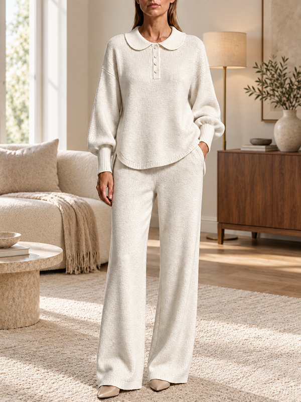 CLEARANCE SALE🔥Women’s Peter Pan Collar Knit Sweater and Wide-Leg Pants Two-Piece Set