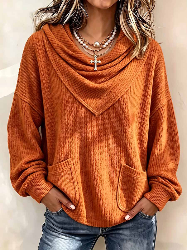CLEARANCE SALE🔥Women’s Draped Cowl Neck Ribbed Knit Pullover Sweater with Pockets