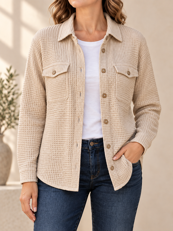 CLEARANCE SALE🔥Women’s Textured Waffle Knit Button Front Collared Shacket with Flap Pockets