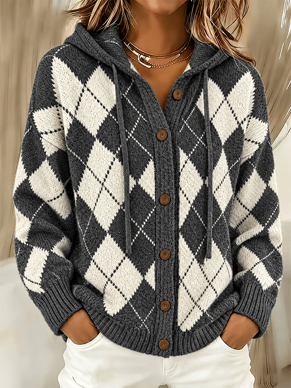 CLEARANCE SALE🔥 Women’s Argyle Hooded Button Front Knit Cardigan Sweater