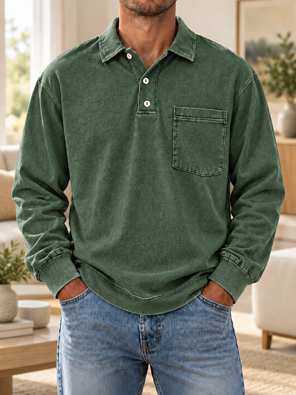 Men’s Vintage Washed Polo Collar Long Sleeve Pullover Shirt with Chest Pocket