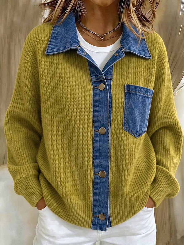 New Arrival 🔥Women’s Contrast Denim Collar Button Front Knit Cardigan with Chest Pocket
