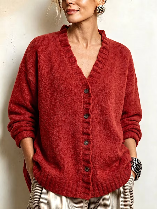CLEARANCE SALE🔥Women’s Ruffle Trim V-Neck Button-Front Textured Knit Cardigan Sweater