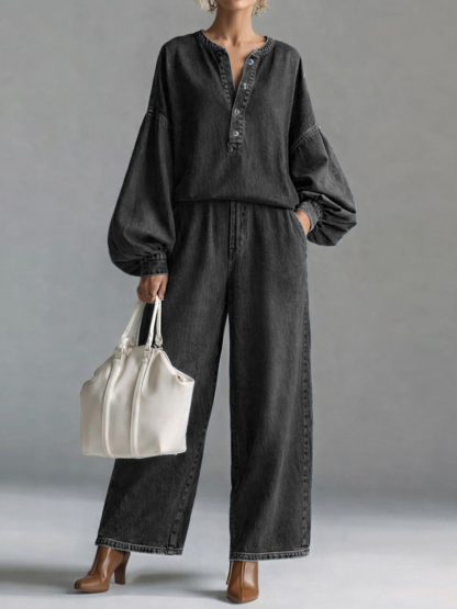 ⏰ LAST DAY SAVE 49% 💥Women’s Casual V-Neck Long Sleeve Denim Top with High-Waist Wide-Leg Jeans Set