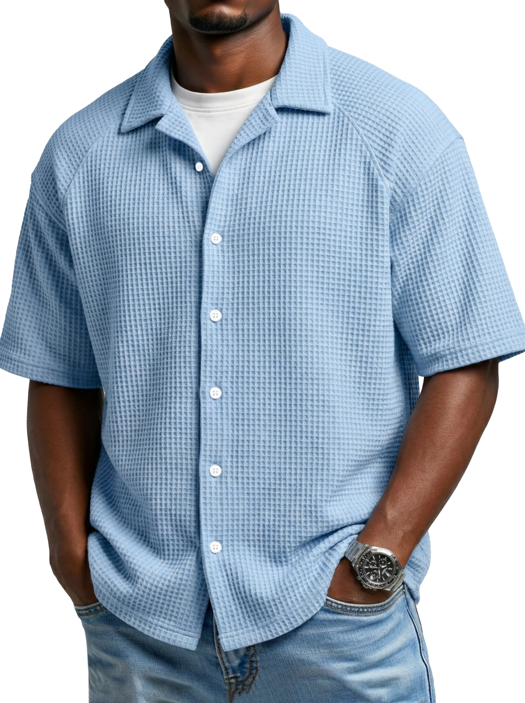 Men's Simple Daily Waffled Raglan Sleeve Lap Short Sleeve Shirt