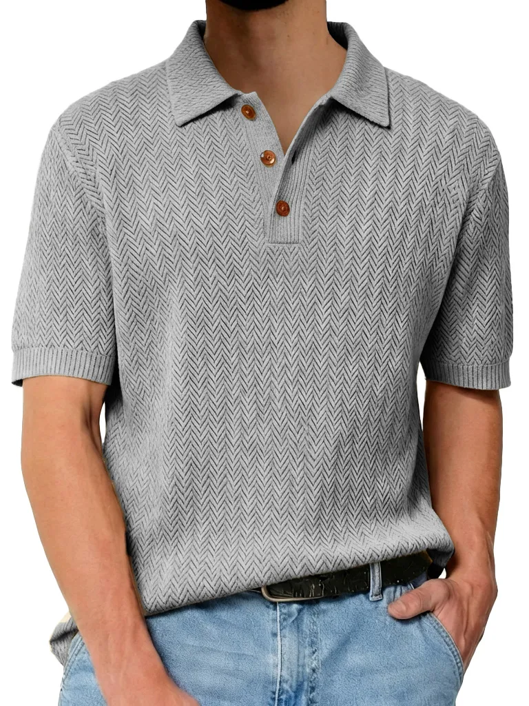 Men's Fashionable Textured Lapel Loose-fitting Short-sleeved Polo Shirt