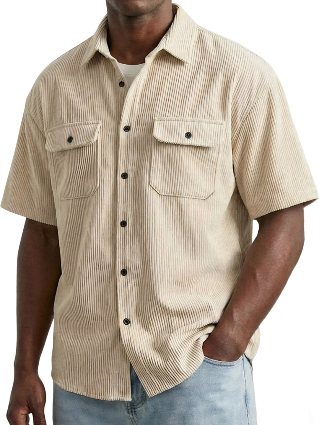 Men's Retro Solid Color Vertical Ribbed Double Pocket Short-Sleeve Shirt