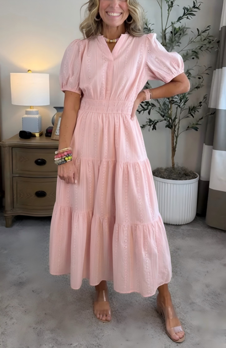 NEW🔥Women’s Puff Sleeve V-Neck Smocked Maxi Dress