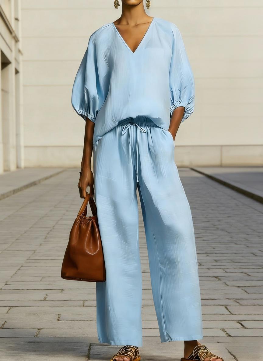 Women's Minimalist Casual Cotton-linen V-neck Set
