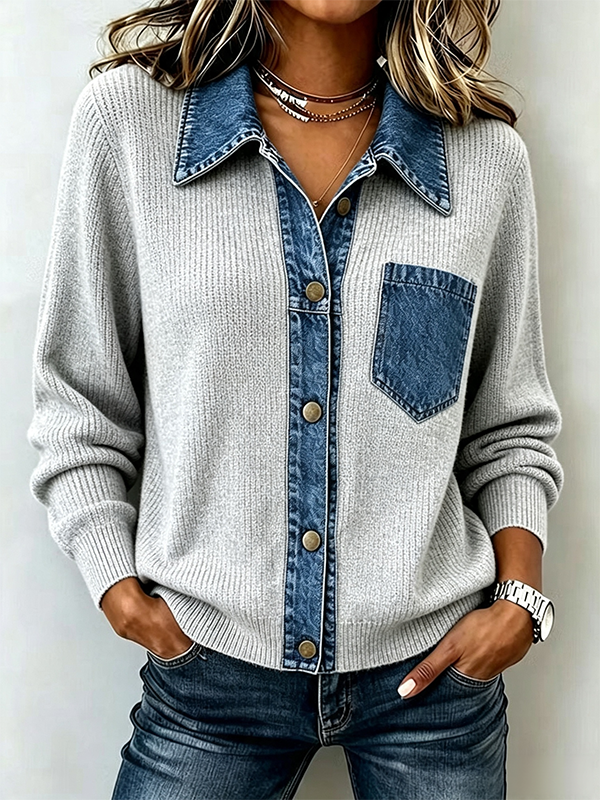 CLEARANCE SALE🔥Women's Denim Patchwork Knit Cardigan