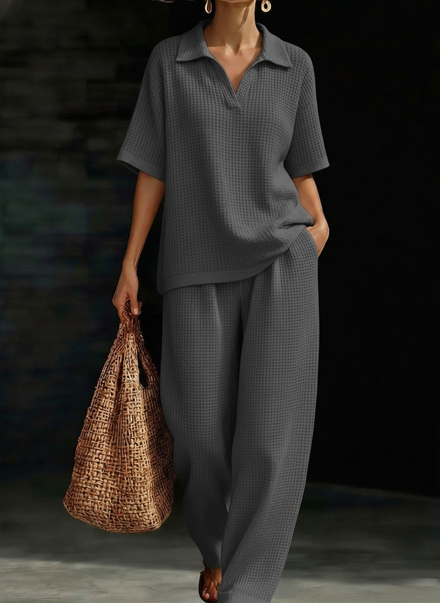 New Arrivals🔥Women's Solid-Color V-Neck Short-Sleeve Casual Waffle-Knit Cotton Top and High-Waisted Wide-Leg Pants Set