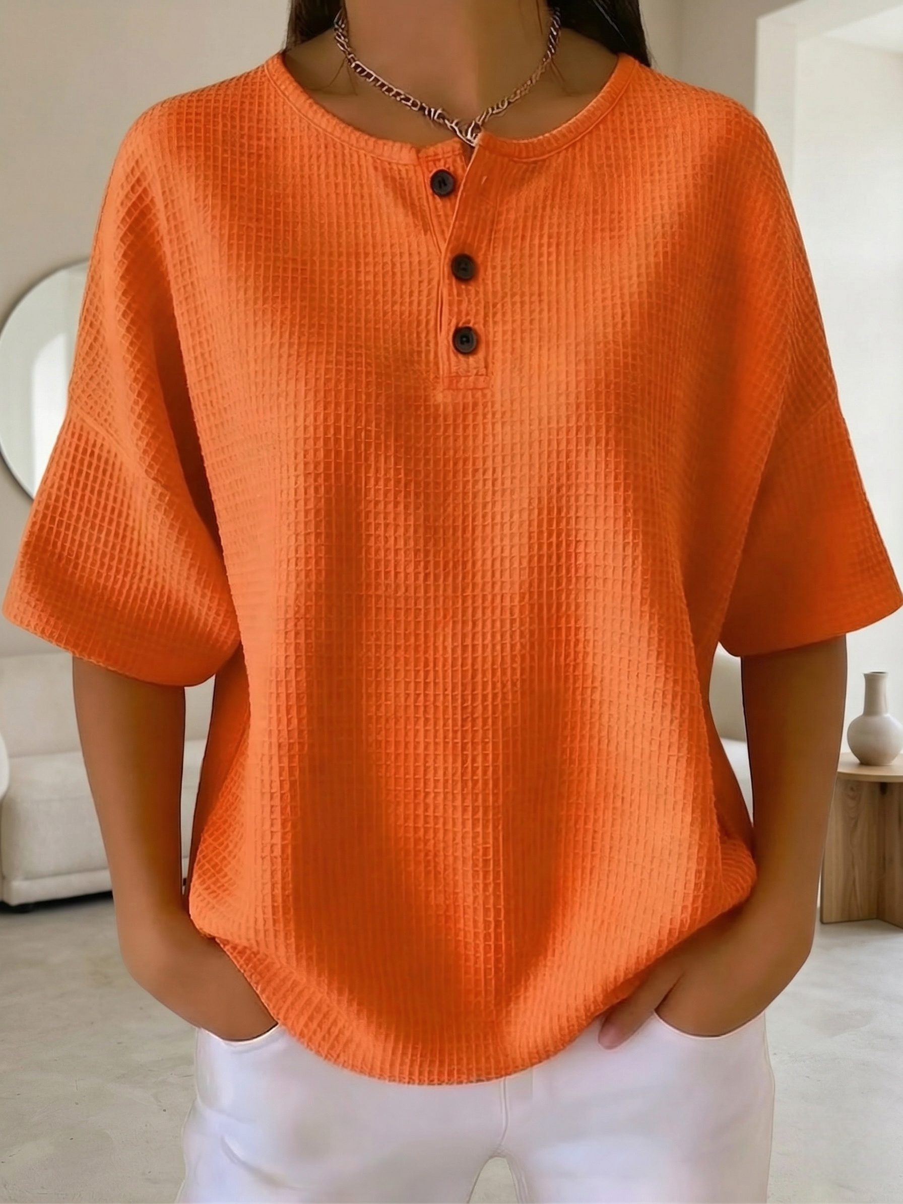 New Arrivals🔥Women's Casual Waffle Henry Collar 4/3 Sleeves T-shirt