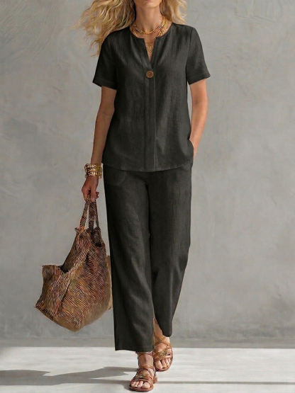 New Arrivals🔥Women's Cotton-Linen Short-Sleeve V-Neck Top and Trousers Set