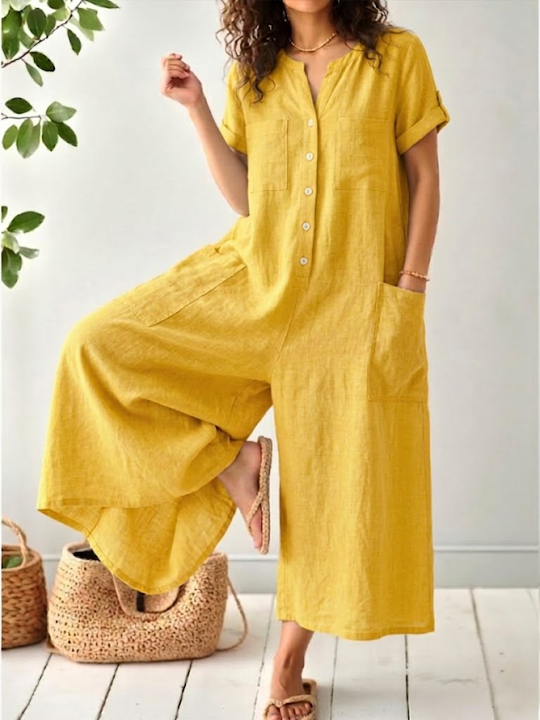 Casual Short-sleeve Linen-cotton Wide-leg Jumpsuit