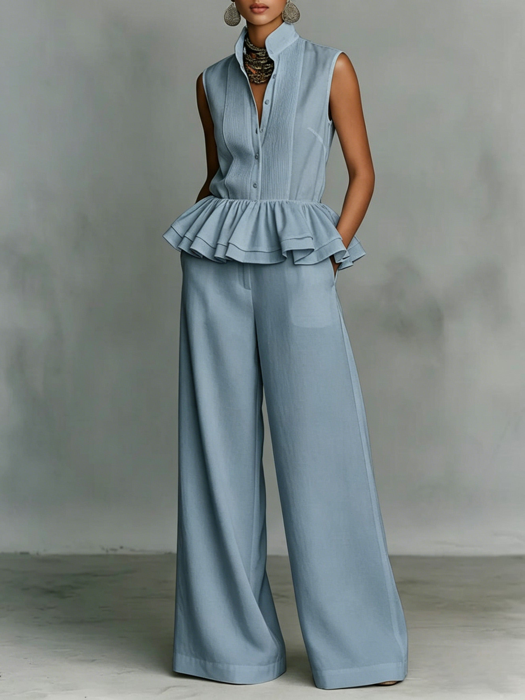 New Arrivals🔥 Women's Office Style Stand Collar Ruffle Sleeveless Top & Wide-leg Pants Set