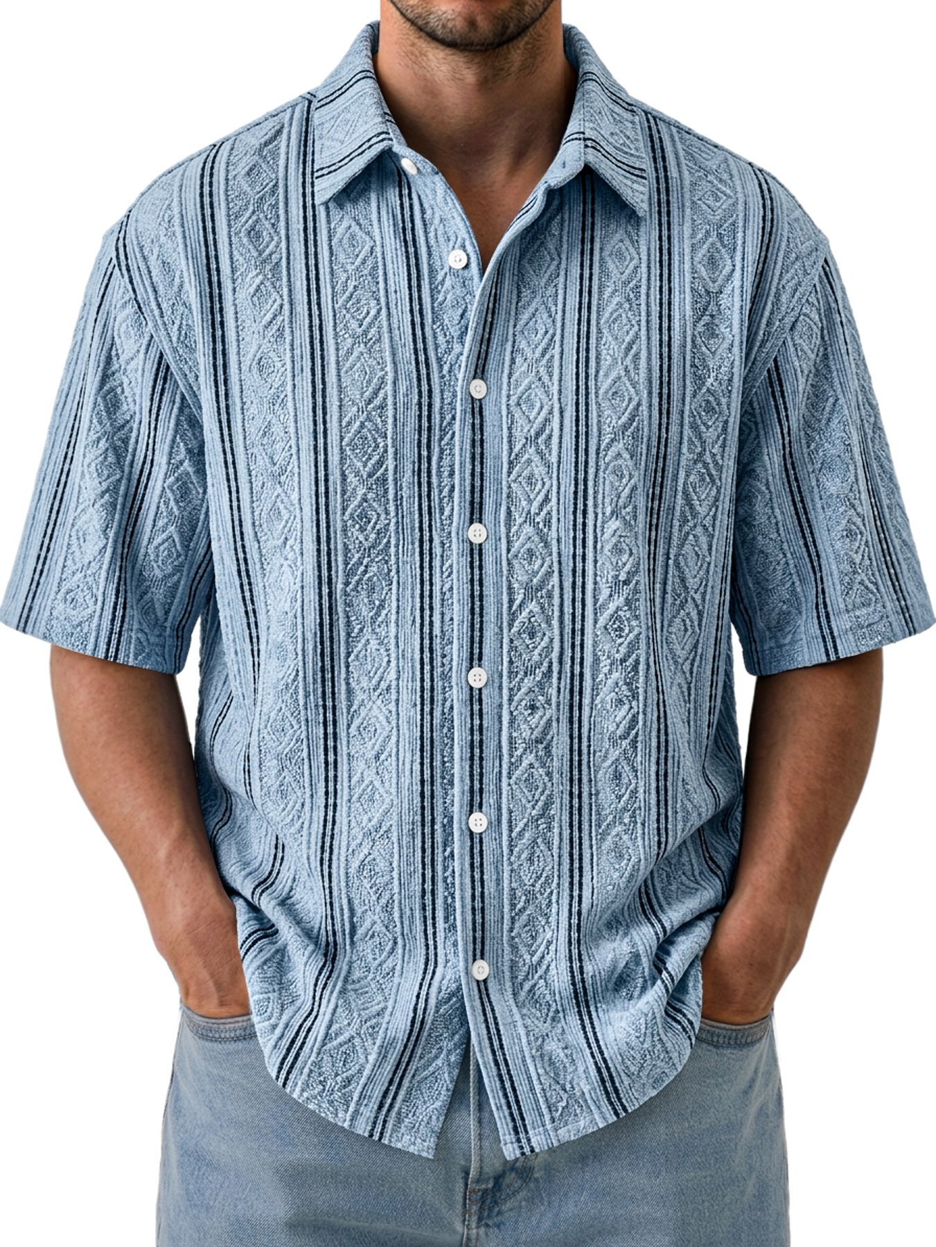 Men's Casual Textured Breathable Collared Short-Sleeve Shirt