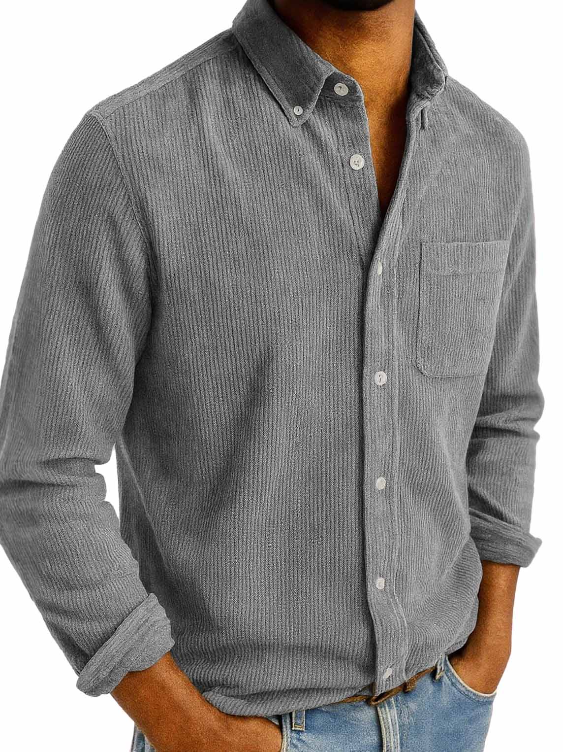 Men's Fashion Retro Daily Casual Corduroy Fabric Lapel Long Sleeve Pocket Shirt