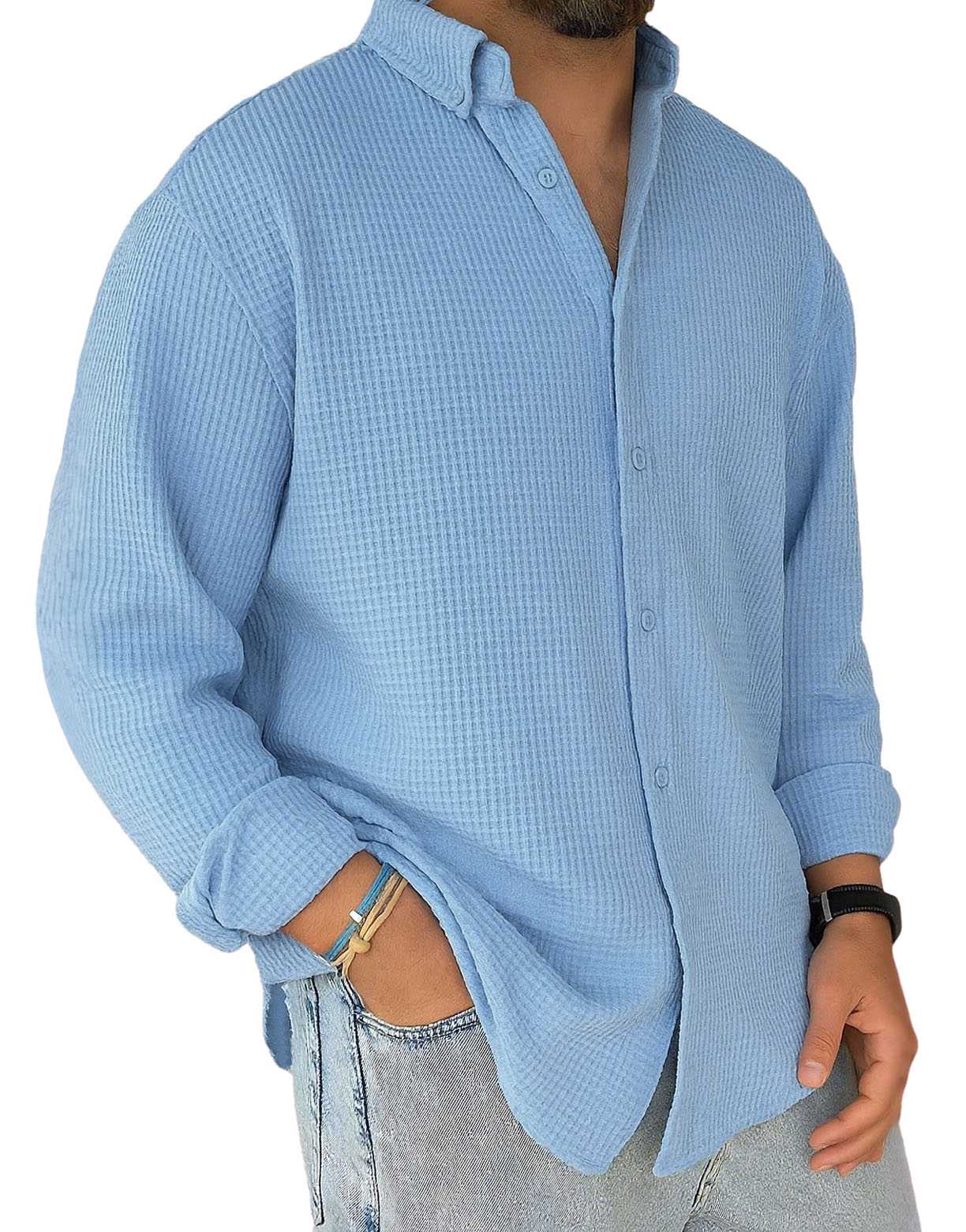 Men's Stylish Casual Everyday Waffle Long-sleeved Lapel Shirt 