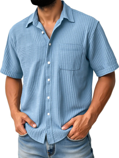 Men's Daily Casual Pleated Pocket Comfortable Solid Color Short Sleeve Shirt