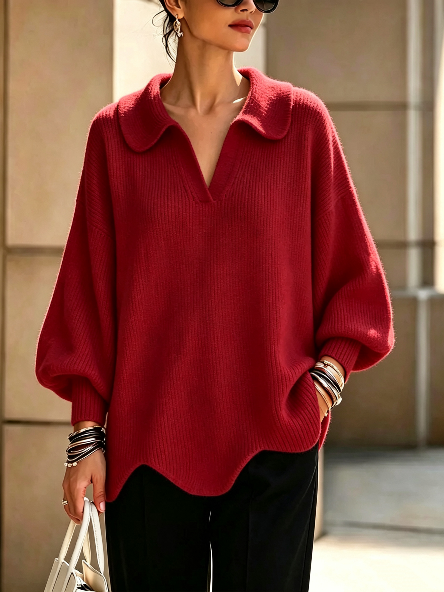 CLEARANCE SALE🔥Women's Solid Color Collared Long-sleeved Casual Loose Pullover Knit Sweater