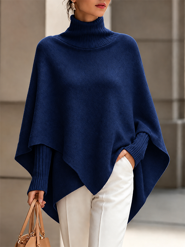 CLEARANCE SALE🔥Women's Solid-Color High-Neck Long-Sleeve Loose-Fit Cape-Style Knit Top