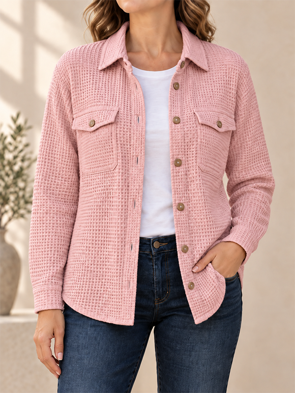 CLEARANCE SALE🔥Women’s Textured Waffle Knit Button Front Collared Shacket with Flap Pockets