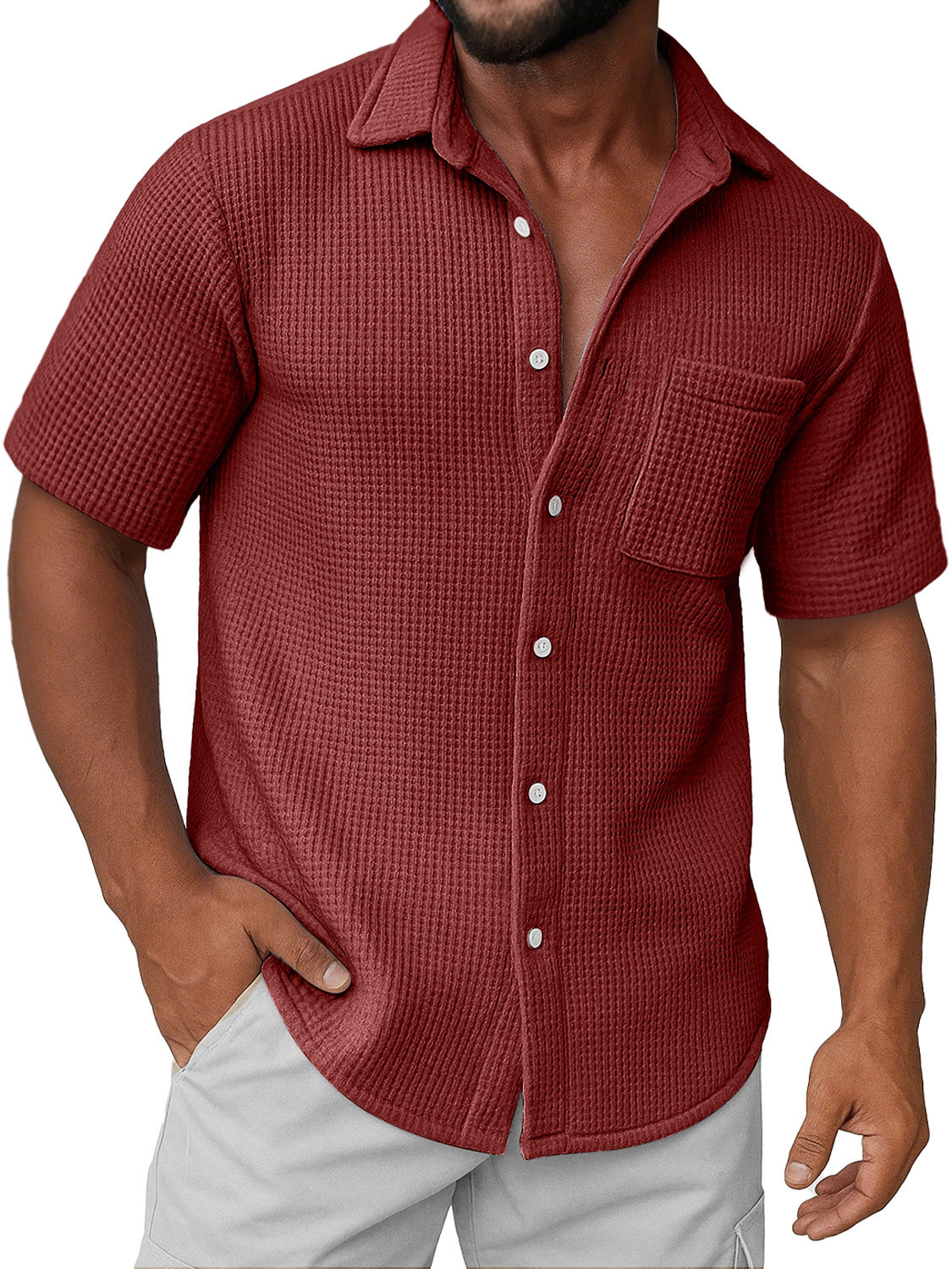 Men's Daily Waffle Texture Casual Pocket Comfort Short Sleeve Shirt