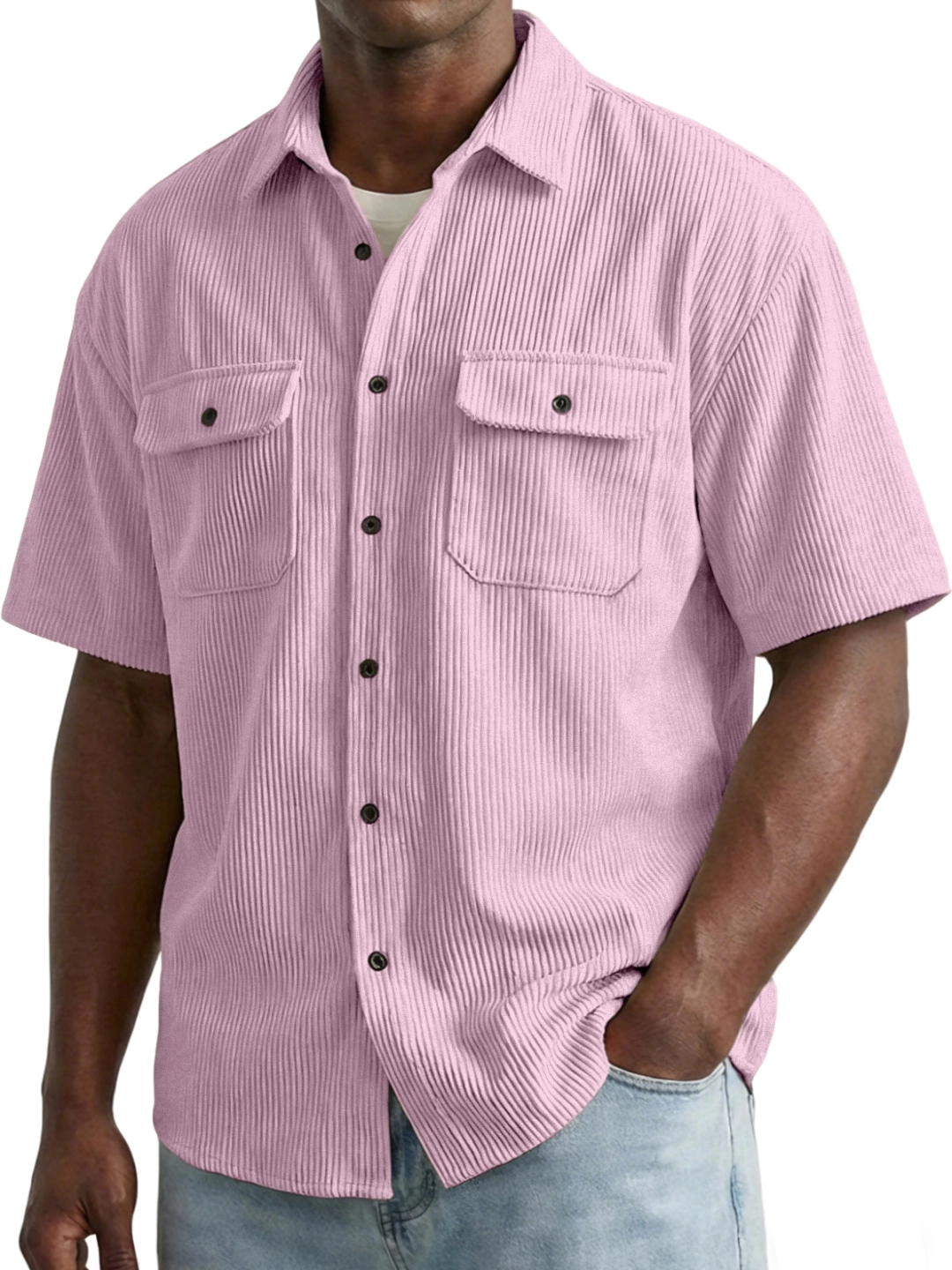 Men's Retro Solid Color Vertical Ribbed Double Pocket Short-Sleeve Shirt