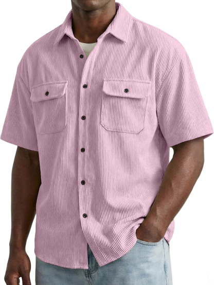 Men's Retro Solid Color Vertical Ribbed Double Pocket Short-Sleeve Shirt