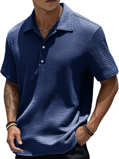  Men's Fashion Retro Pleated Fabric Short-sleeved Polo Shirt 