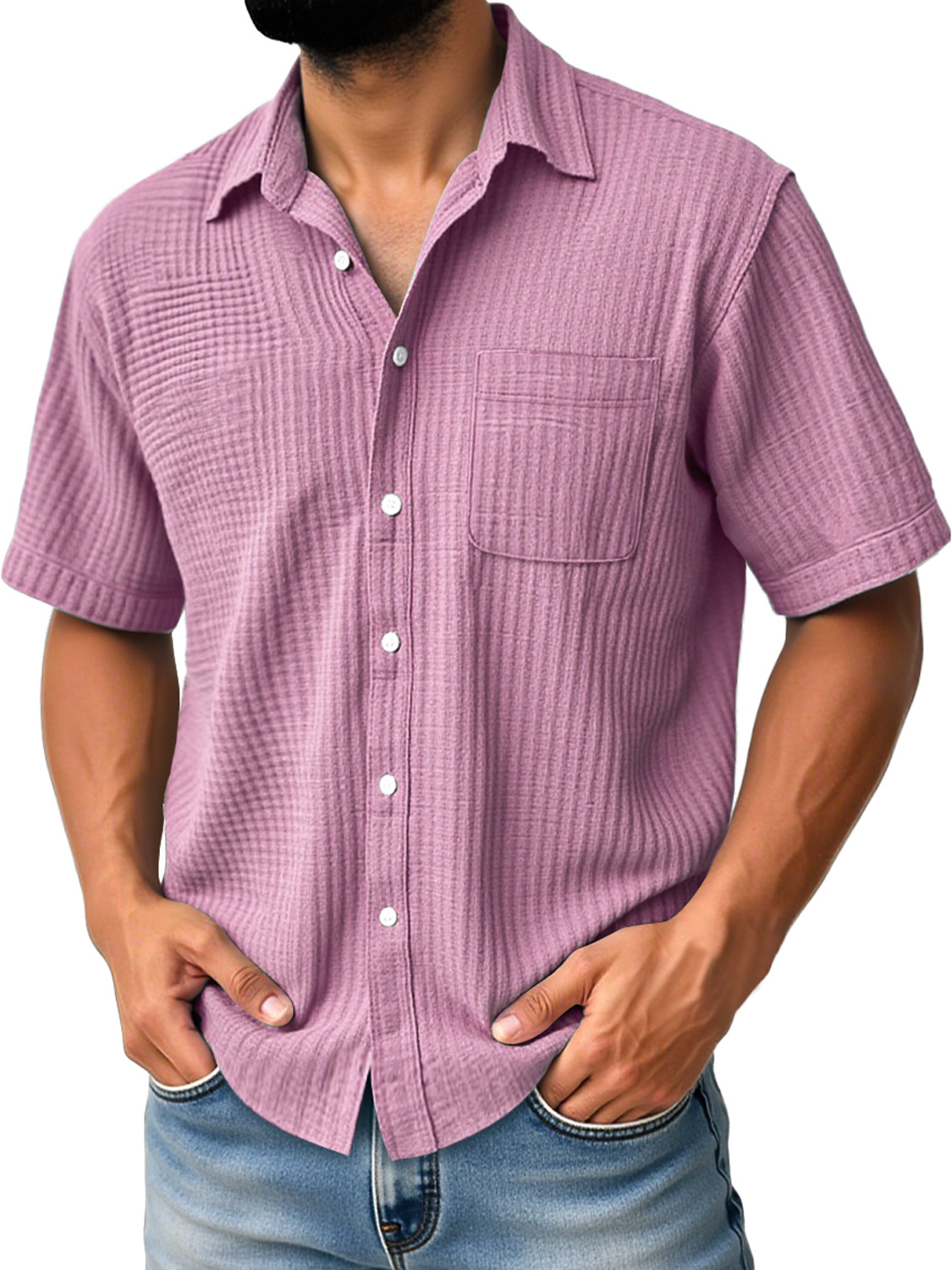 Men's Daily Casual Pleated Pocket Comfortable Solid Color Short Sleeve Shirt