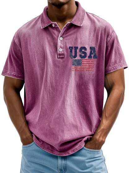 Men's Vintage American Independence Day Flag Print Lapel Short Sleeve Polo Shirt