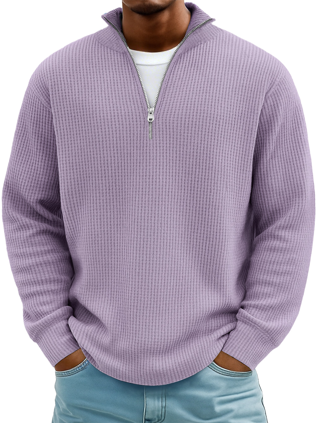 Men's Casual Simple Breathable Fabric Stand Collar Zipper Long Sleeve T-shirt