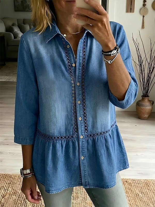 CLEARANCE SALE🔥Women's Casual Denim Shirt With Spliced cut-out Lace Detailing