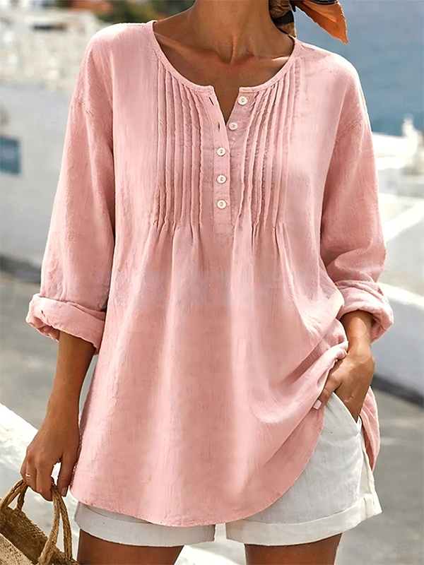 New Arrivals🔥Women's Solid Color Round Neck Long-sleeved Casual Loose Pleated Cotton And Linen Top