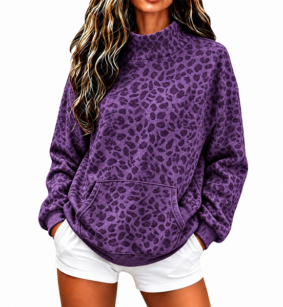 CLEARANCE SALE💥Women’s Leopard Print Mock Neck Relaxed Fit Pullover Sweatshirt with Kangaroo Pocket