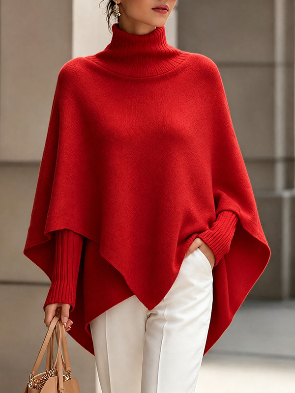 CLEARANCE SALE🔥Women's Solid-Color High-Neck Long-Sleeve Loose-Fit Cape-Style Knit Top