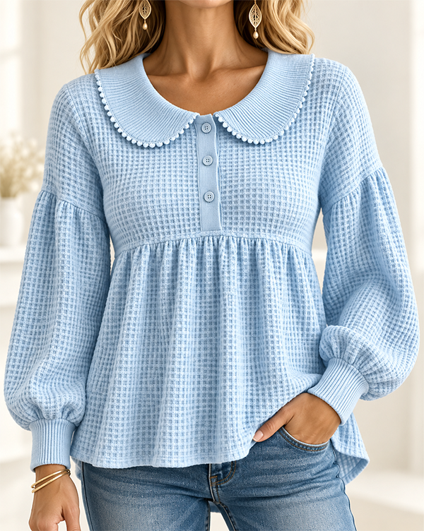 CLEARANCE SALE🔥Women’s Waffle Knit Peter Pan Collar Babydoll Henley Top