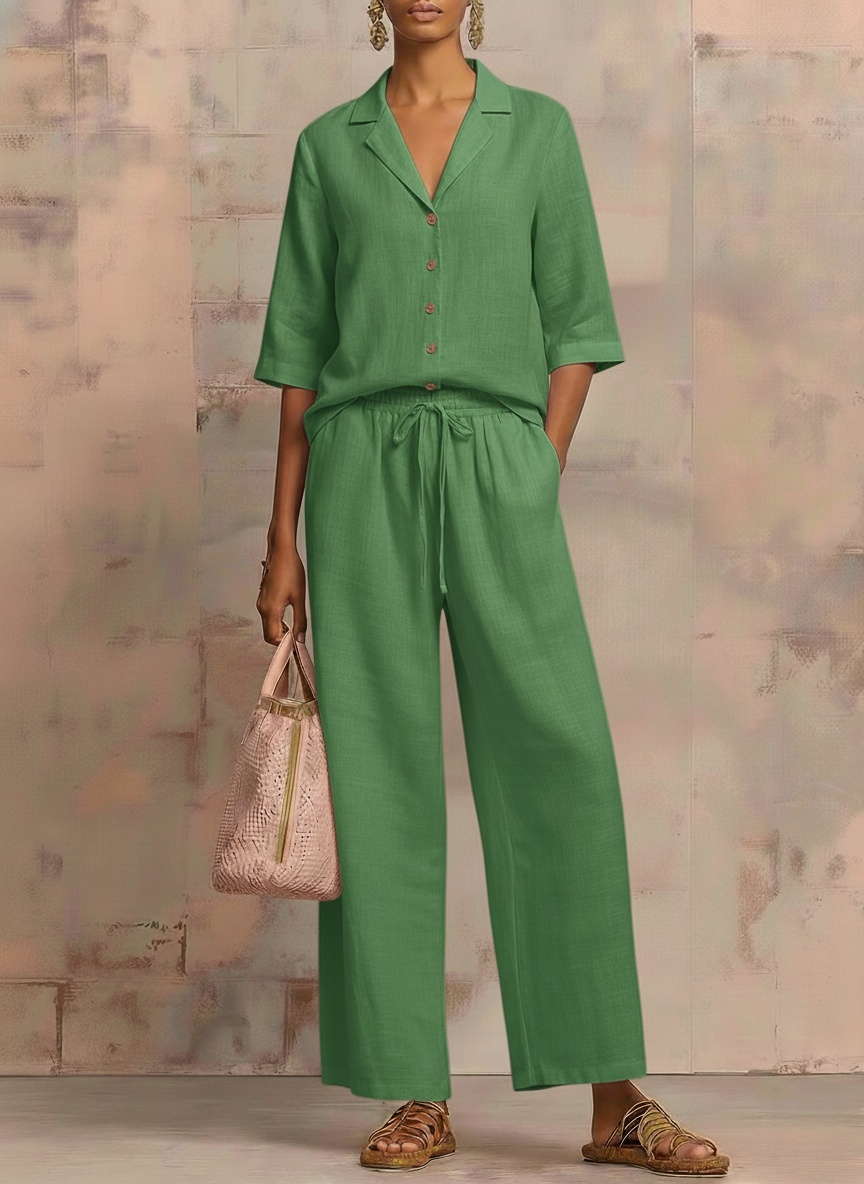 New Arrivals🔥Vintage Cuban Collar Metal Button Linen Cotton Two-piece Set