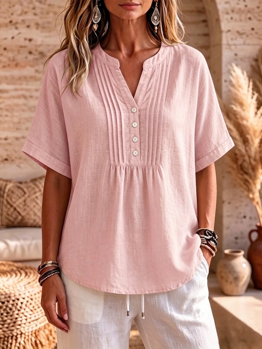 Clearance Sale🔥Women's Pleated V-Neck Linen Blouse