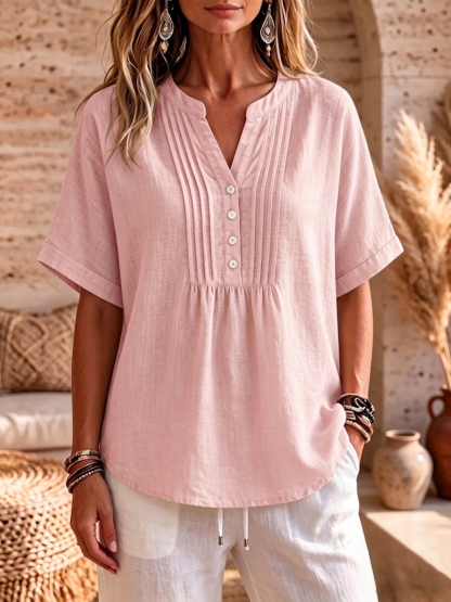 Clearance Sale🔥Women's Pleated V-Neck Linen Blouse