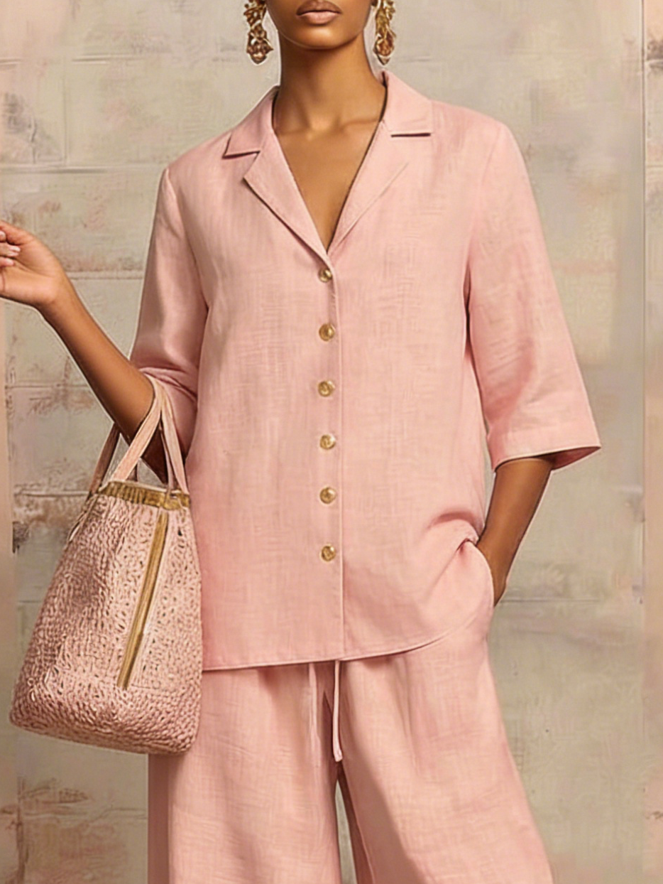 New Arrivals🔥Vintage Cuban Collar Metal Button Linen Cotton Two-piece Set